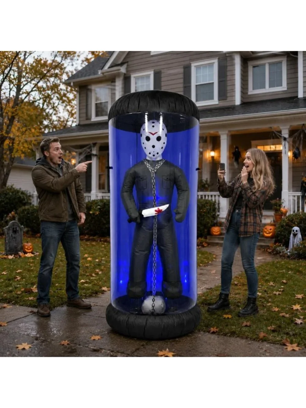 7.6FT Halloween Inflatable Yard Decor - Caged Killer with Blue LED Lights